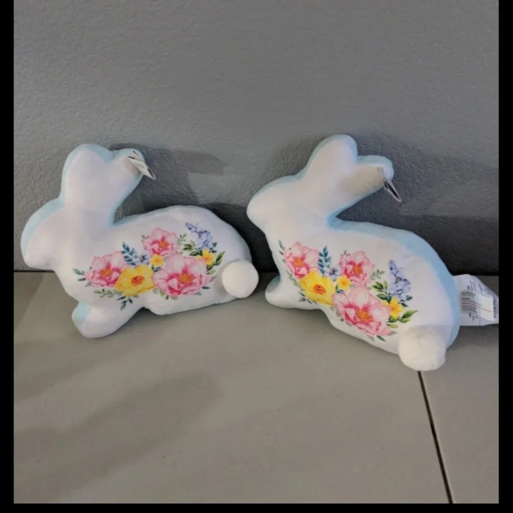 Easter Bunny Cottontail Decorative Pillows Floral Pastel Blue Pink Cottage Core